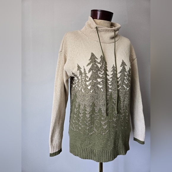 Parkhurst Cotton Country Forest Design Cowl Neck Sweater - Cream and Olive. S - Picture 2 of 13